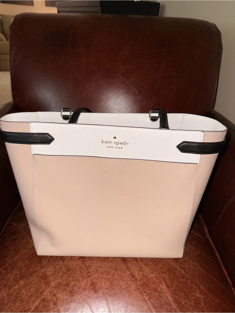 kate spade Pink and White Leather Top-Handle Tote with Black Trim